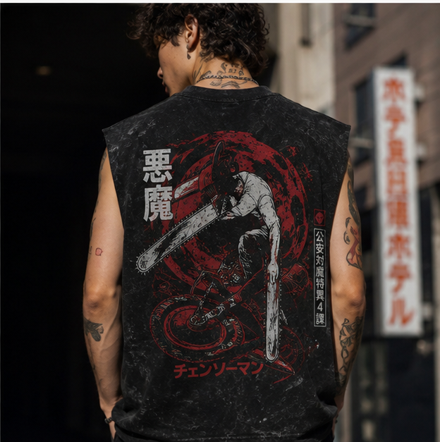 Washed black tank top with Chainsaw Man (Denji) Devil Slash graphic – photo 3