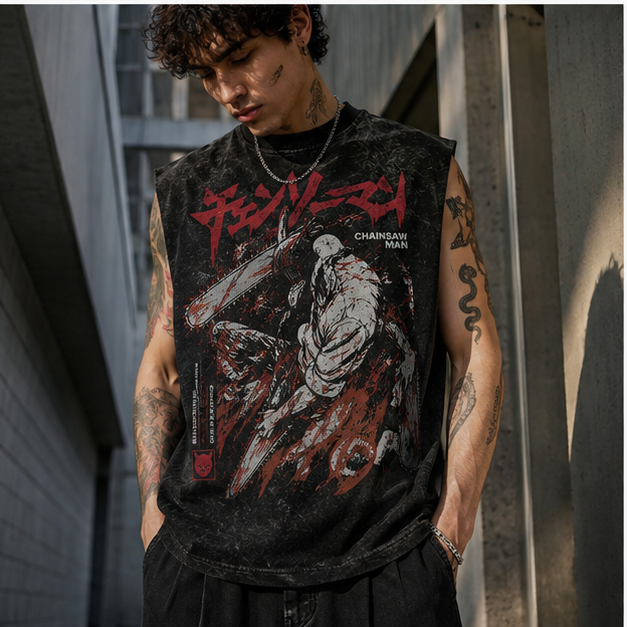 Washed black tank top with Chainsaw Man (Denji) Devil Slash graphic – photo 4