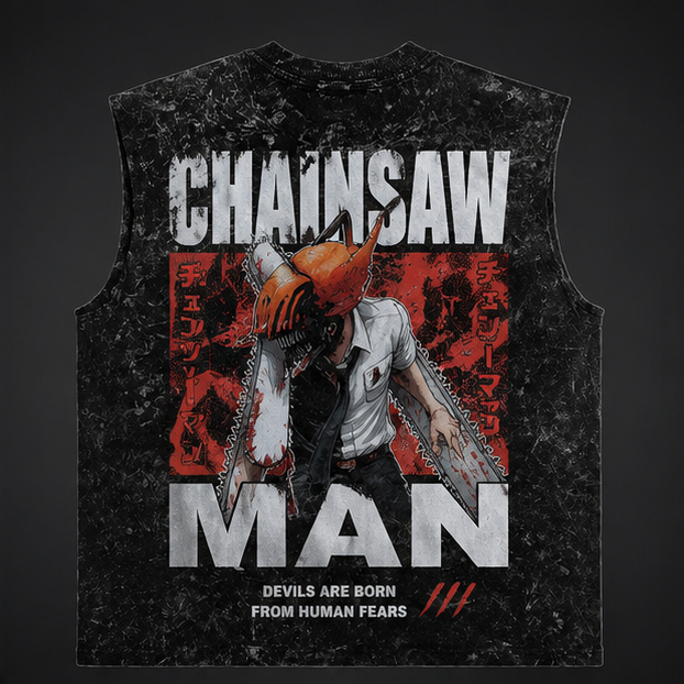 Washed black tank top with Chainsaw Man (Denji) Human Fears graphic – photo 1