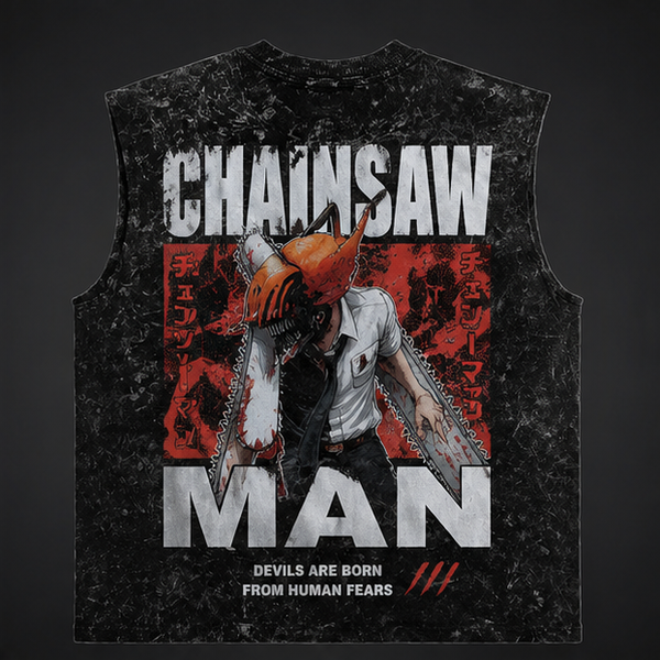 Washed black tank top with Chainsaw Man (Denji) Human Fears graphic – photo 1