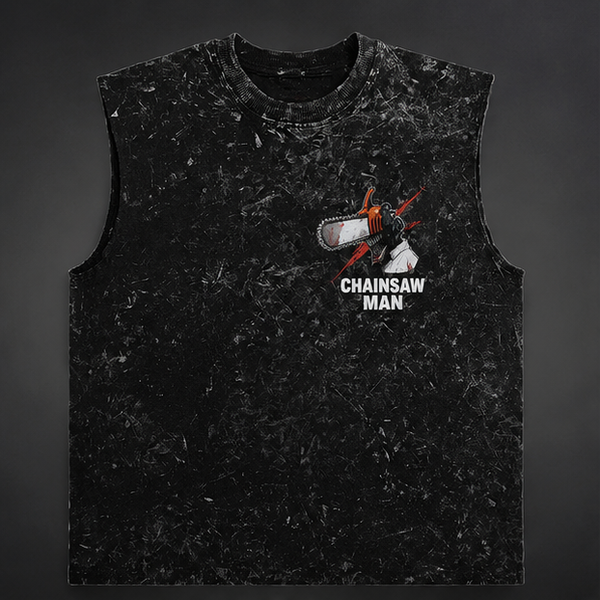 Washed black tank top with Chainsaw Man (Denji) Human Fears graphic – photo 2