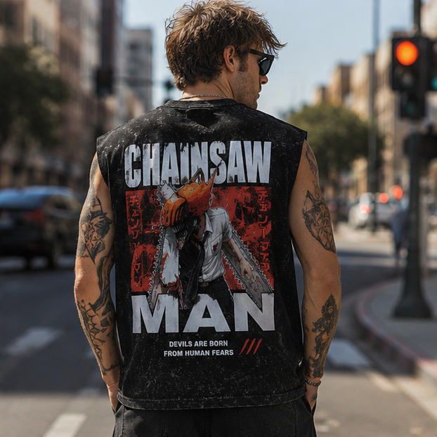 Washed black tank top with Chainsaw Man (Denji) Human Fears graphic – photo 3