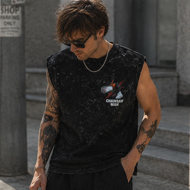 Washed black tank top with Chainsaw Man (Denji) Human Fears graphic – photo 4