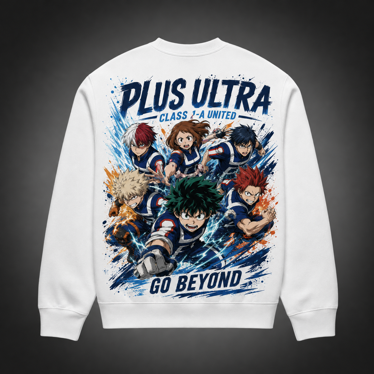 White sweatshirt with Class 1-A (Deku, Bakugo, Todoroki, Uraraka, Iida, Kirishima) My Hero Academia Go Beyond graphic – photo 1