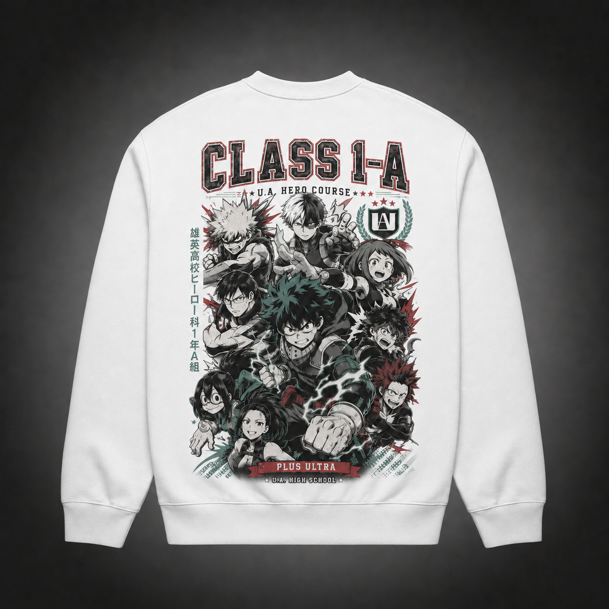 White sweatshirt with Class 1-A (Deku, Bakugo, Todoroki, Uraraka, Iida, Tsuyu, Momo, Kirishima) My Hero Academia Class 1-A Roster graphic – photo 1
