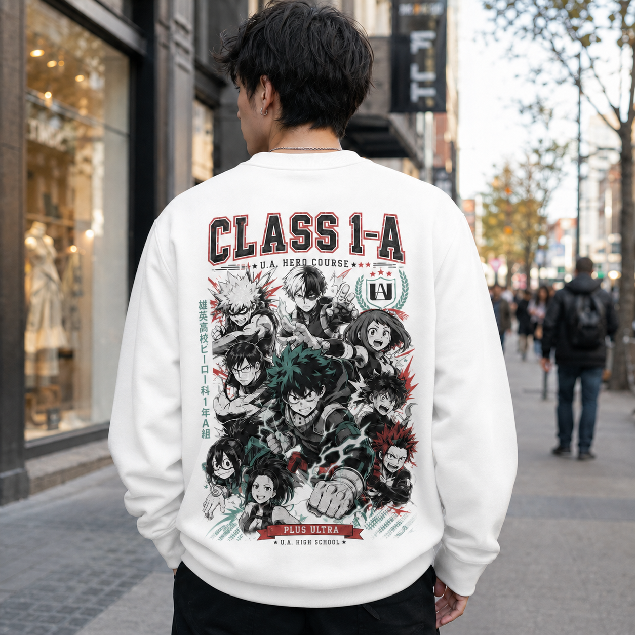White sweatshirt with Class 1-A (Deku, Bakugo, Todoroki, Uraraka, Iida, Tsuyu, Momo, Kirishima) My Hero Academia Class 1-A Roster graphic – photo 3