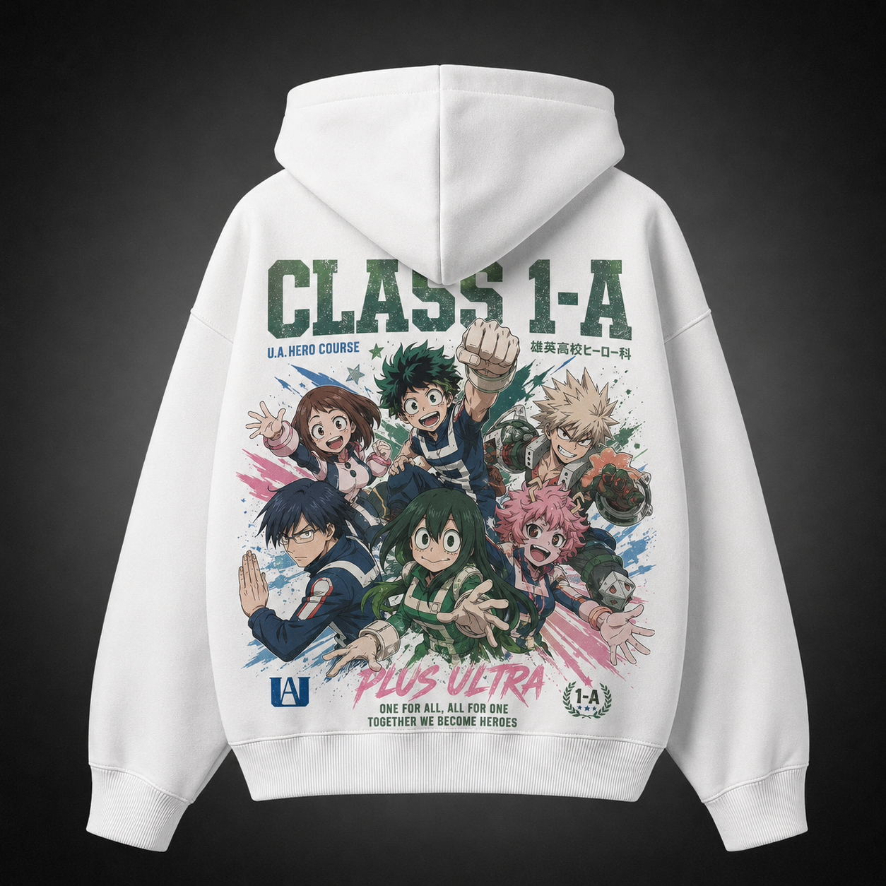 White hoodie with Class 1-A (Izuku Midoriya, Katsuki Bakugo, Ochaco Uraraka, Tenya Iida, Tsuyu Asui, Mina Ashido) My Hero Academia Class Assemble graphic – photo 1