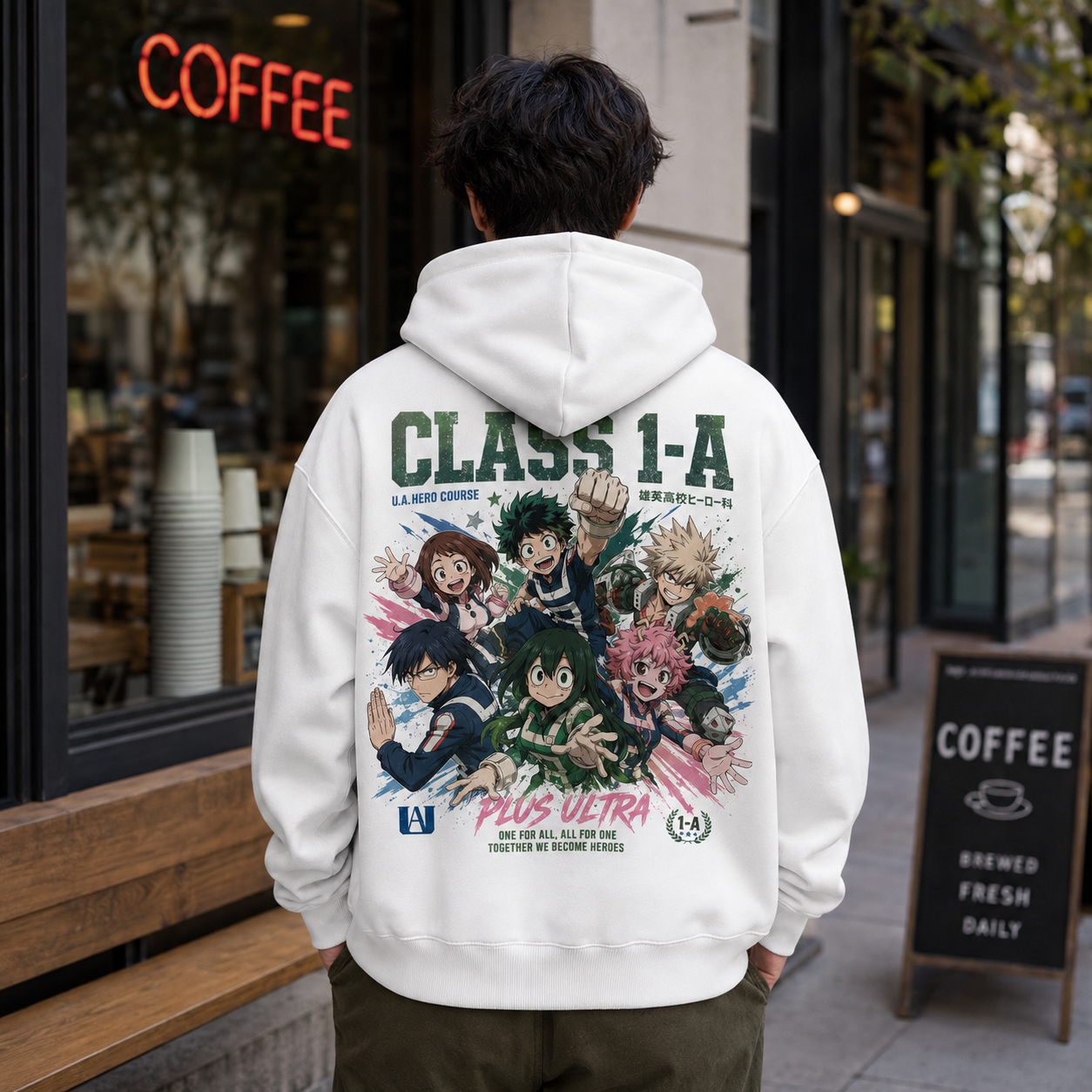 White hoodie with Class 1-A (Izuku Midoriya, Katsuki Bakugo, Ochaco Uraraka, Tenya Iida, Tsuyu Asui, Mina Ashido) My Hero Academia Class Assemble graphic – photo 3
