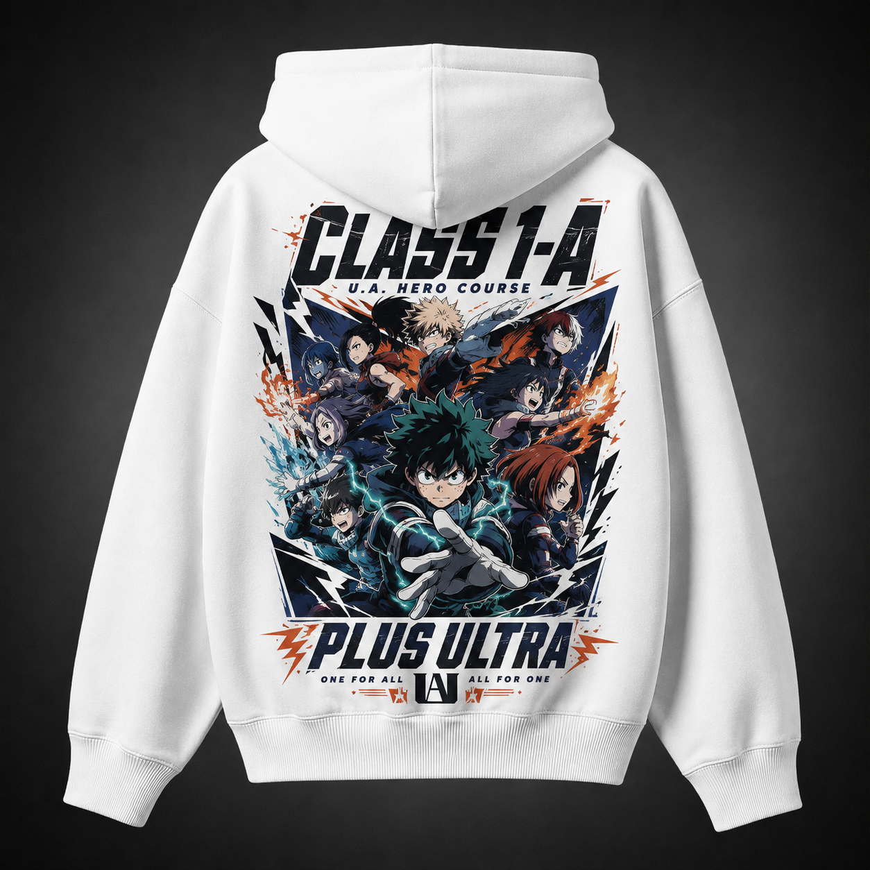 White hoodie with Class 1-A (Izuku Midoriya, Katsuki Bakugo, Shoto Todoroki, Ochaco Uraraka, Tenya Iida, Momo Yaoyorozu and more) My Hero Academia Ultra Charge graphic – photo 1