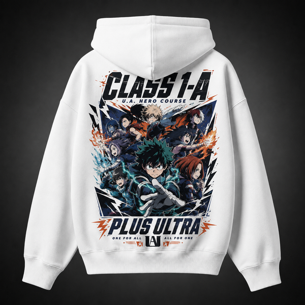 White hoodie with Class 1-A (Izuku Midoriya, Katsuki Bakugo, Shoto Todoroki, Ochaco Uraraka, Tenya Iida, Momo Yaoyorozu and more) My Hero Academia Ultra Charge graphic – photo 1