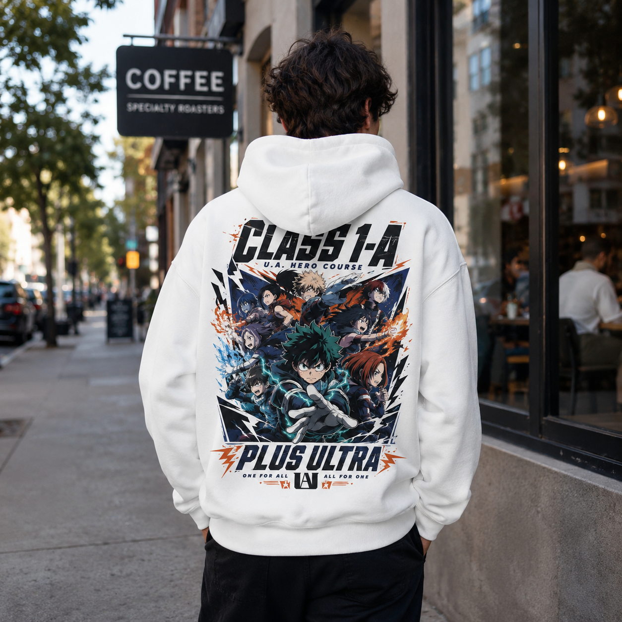 White hoodie with Class 1-A (Izuku Midoriya, Katsuki Bakugo, Shoto Todoroki, Ochaco Uraraka, Tenya Iida, Momo Yaoyorozu and more) My Hero Academia Ultra Charge graphic – photo 3