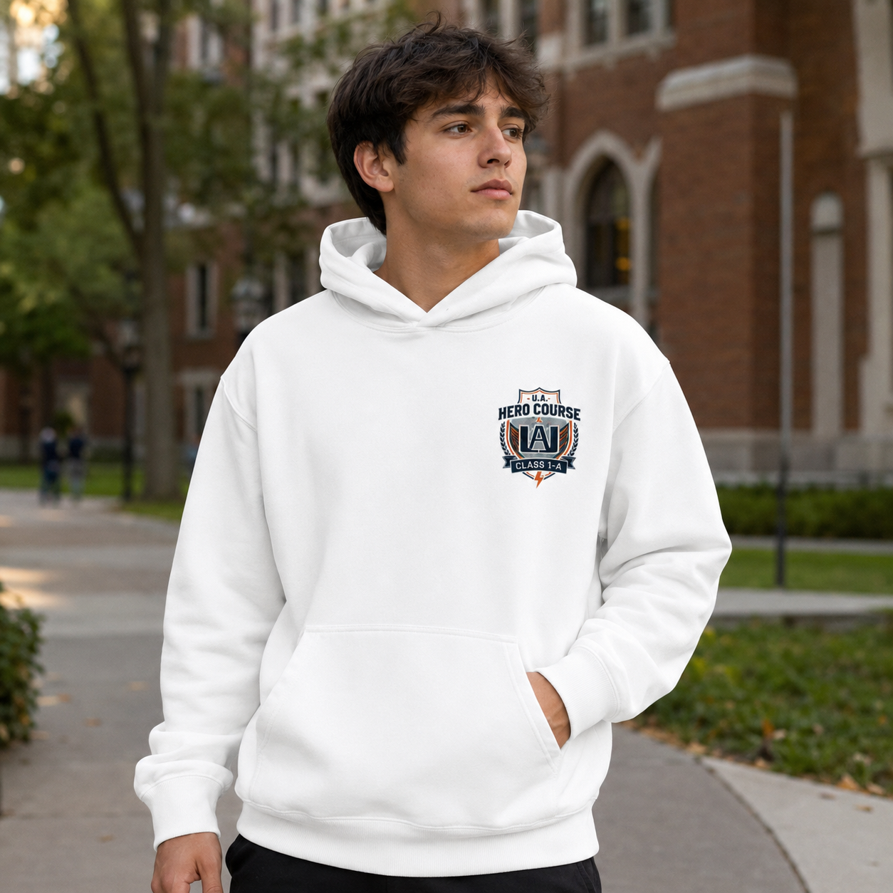 White hoodie with Class 1-A (Izuku Midoriya, Katsuki Bakugo, Shoto Todoroki, Ochaco Uraraka, Tenya Iida, Momo Yaoyorozu and more) My Hero Academia Ultra Charge graphic – photo 4