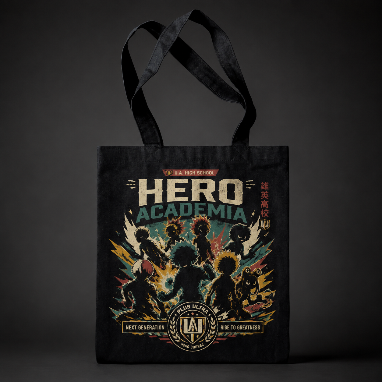 Black tote bag with Class 1-A (Izuku Midoriya, Shoto Todoroki, Katsuki Bakugo, Fumikage Tokoyami, Tsuyu Asui and others) My Hero Academia Next Generation graphic – photo 1