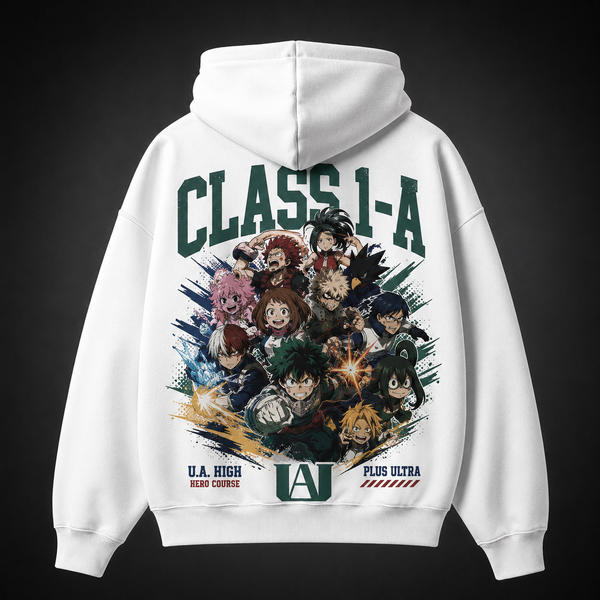 White hoodie with Class 1-A (Izuku Midoriya, Shoto Todoroki, Ochaco Uraraka, Katsuki Bakugo, Tenya Iida, Eijiro Kirishima, Momo Yaoyorozu, Fumikage Tokoyami, Mina Ashido, Tsuyu Asui, Denki Kaminari) My Hero Academia Heroes United graphic – photo 1