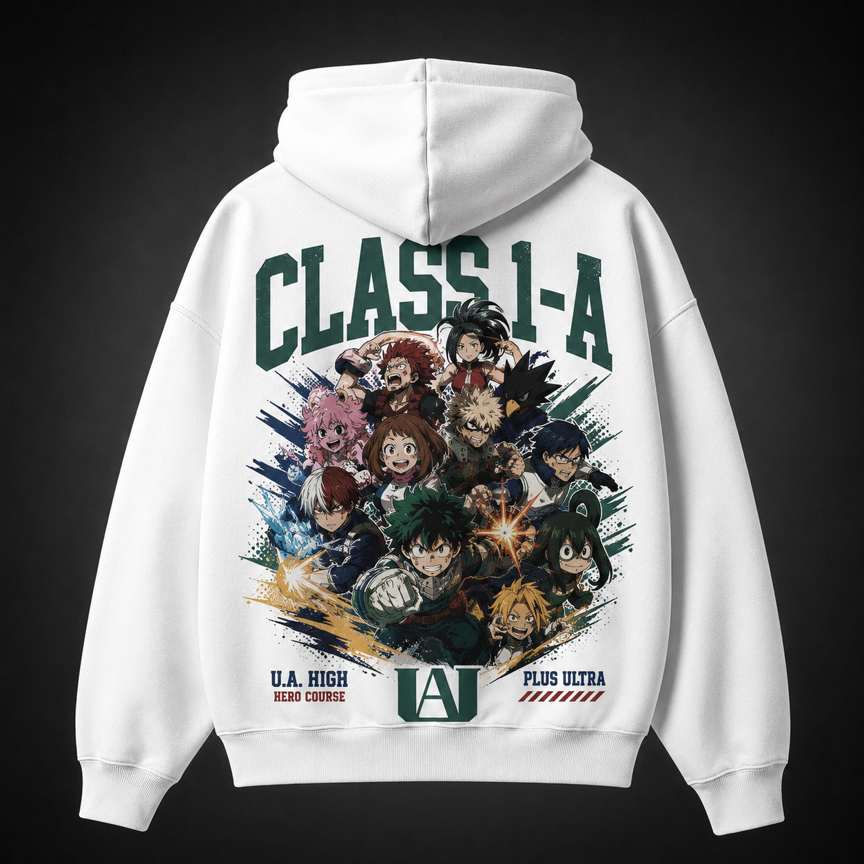 White hoodie with Class 1-A (Izuku Midoriya, Shoto Todoroki, Ochaco Uraraka, Katsuki Bakugo, Tenya Iida, Eijiro Kirishima, Momo Yaoyorozu, Fumikage Tokoyami, Mina Ashido, Tsuyu Asui, Denki Kaminari) My Hero Academia Heroes United graphic – photo 1
