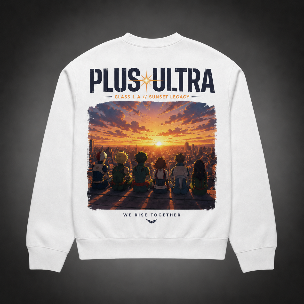 White sweatshirt with Class 1-A (Todoroki, Bakugo, Deku, Uraraka, Iida, Tsuyu) My Hero Academia Sunset Legacy graphic – photo 1