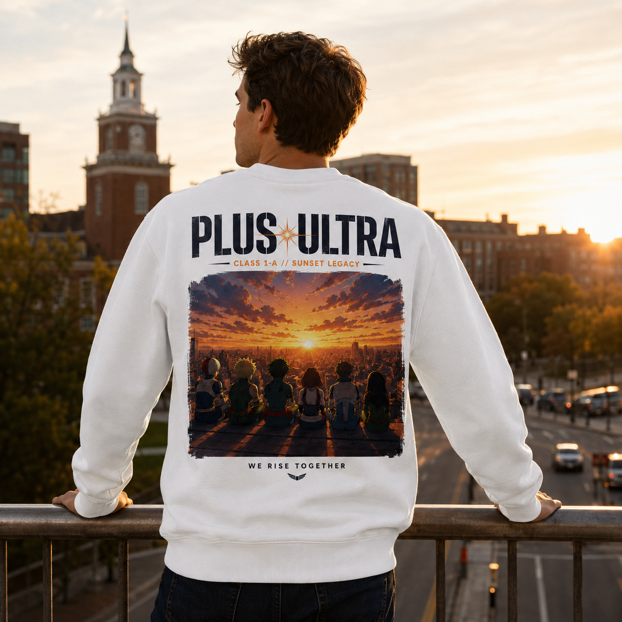 White sweatshirt with Class 1-A (Todoroki, Bakugo, Deku, Uraraka, Iida, Tsuyu) My Hero Academia Sunset Legacy graphic – photo 3