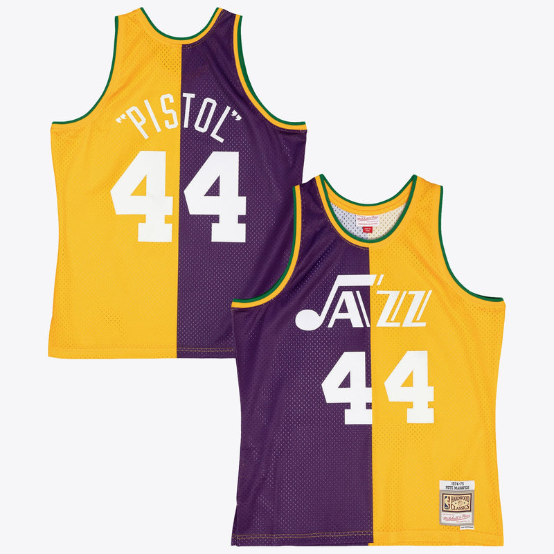 New Orleans Jazz Mitchell & Ness Pete Maravich 1974 Split Swingman Jersey - Purple/Yellow