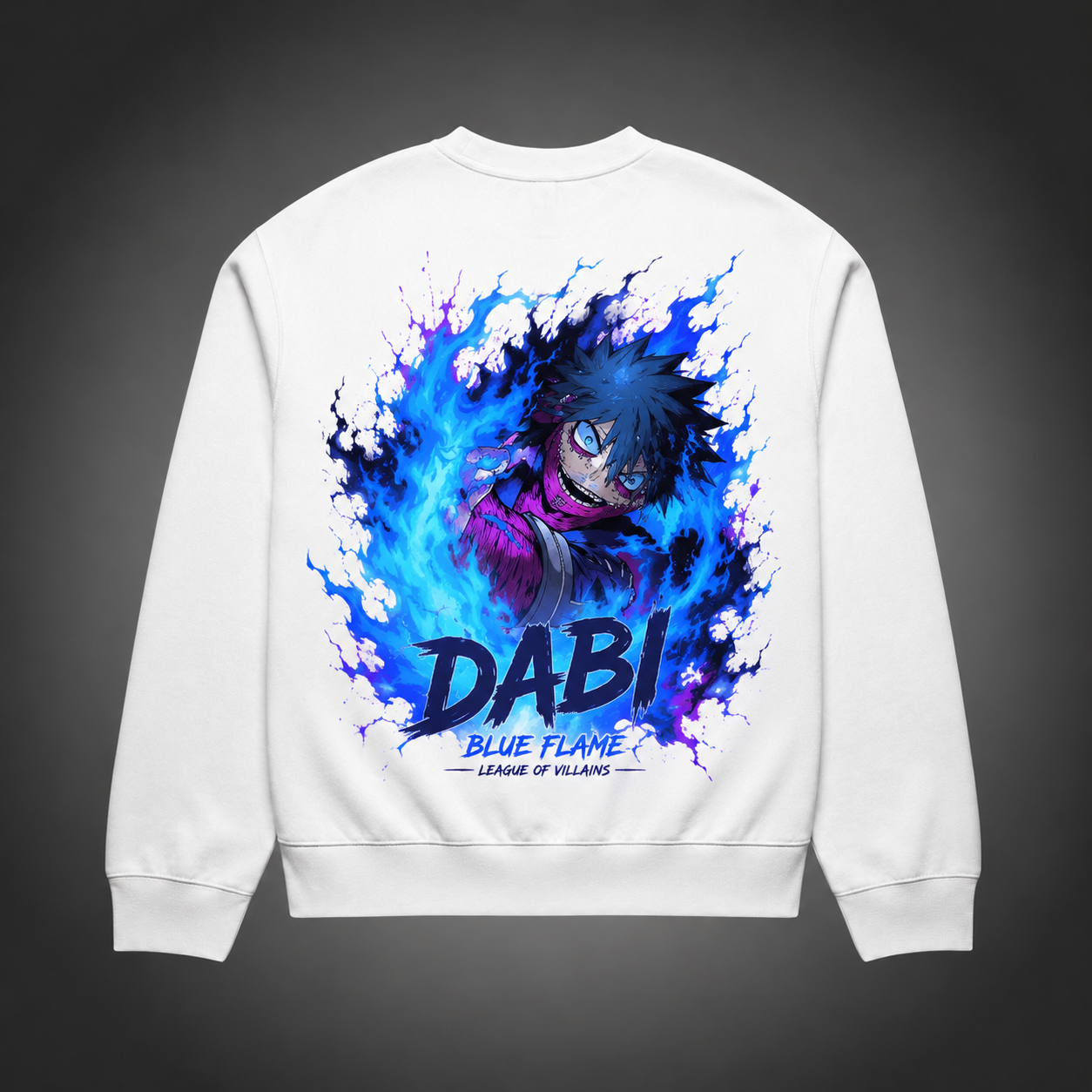 White sweatshirt with Dabi My Hero Academia Blue Flame graphic – photo 1