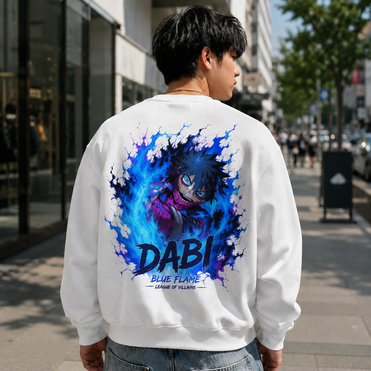 White sweatshirt with Dabi My Hero Academia Blue Flame graphic – photo 3