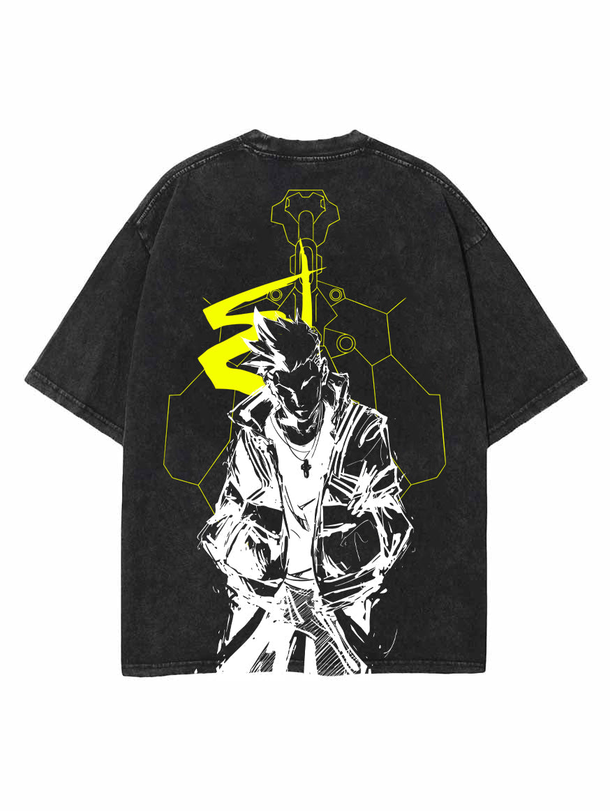 Washed black t-shirt with David Martinez Cyberpunk Edgerunners Edge Runner graphic – photo 1