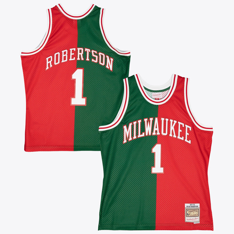 Milwaukee Bucks Mitchell & Ness Oscar Robertson 1971 Split Swingman Jersey - Green/Red