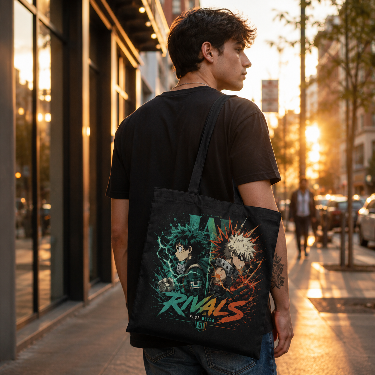 Black tote bag with Deku & Bakugo My Hero Academia Rivals graphic – photo 3