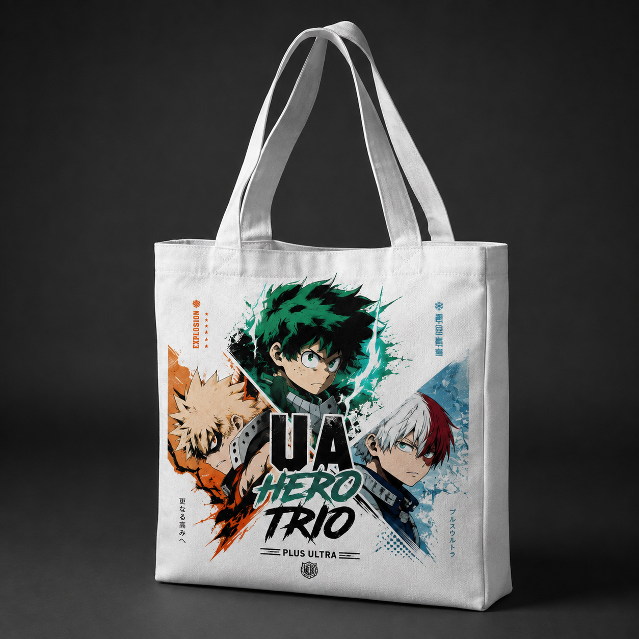 White tote bag with Deku & Bakugo My Hero Academia UA Hero Trio graphic – photo 2