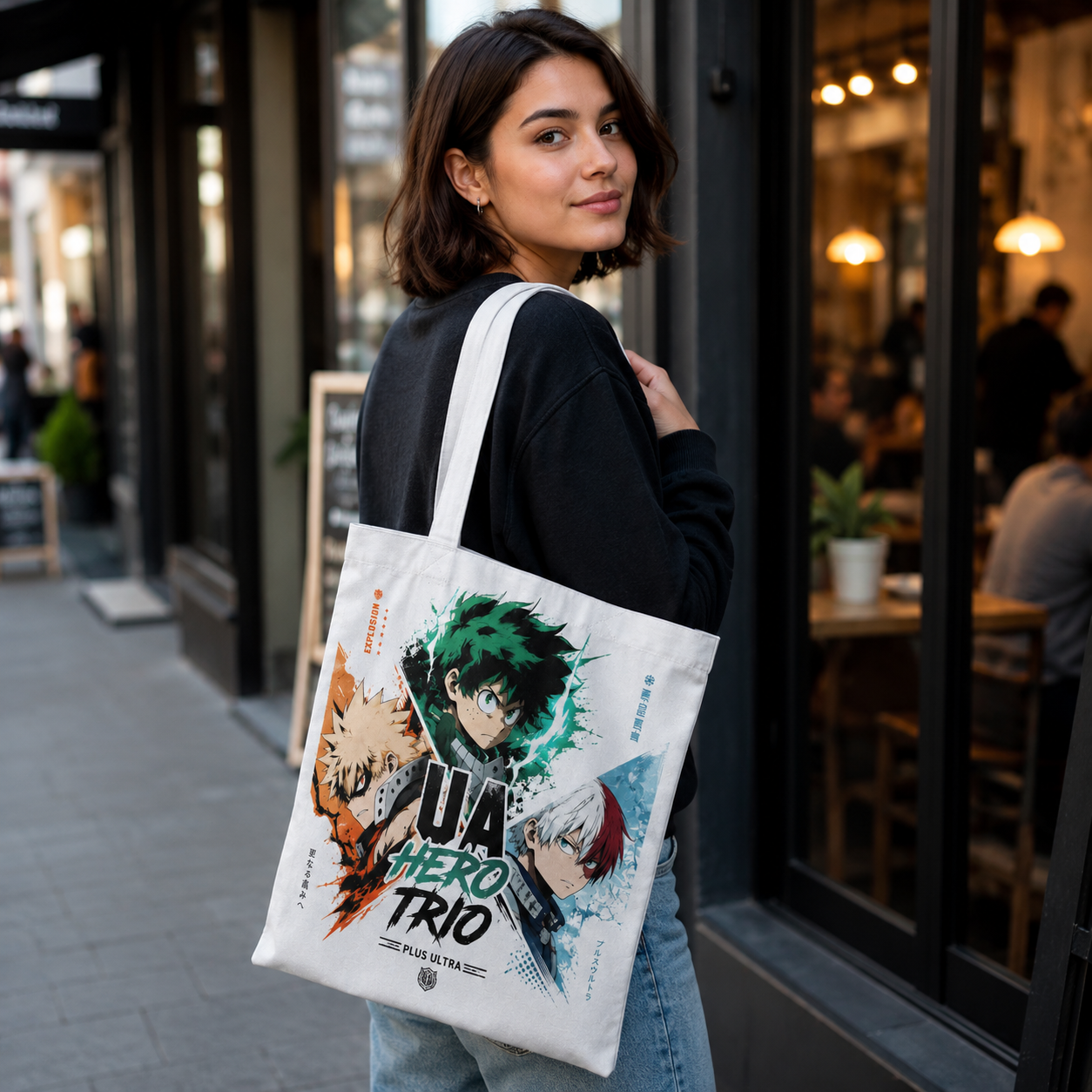 White tote bag with Deku & Bakugo My Hero Academia UA Hero Trio graphic – photo 4