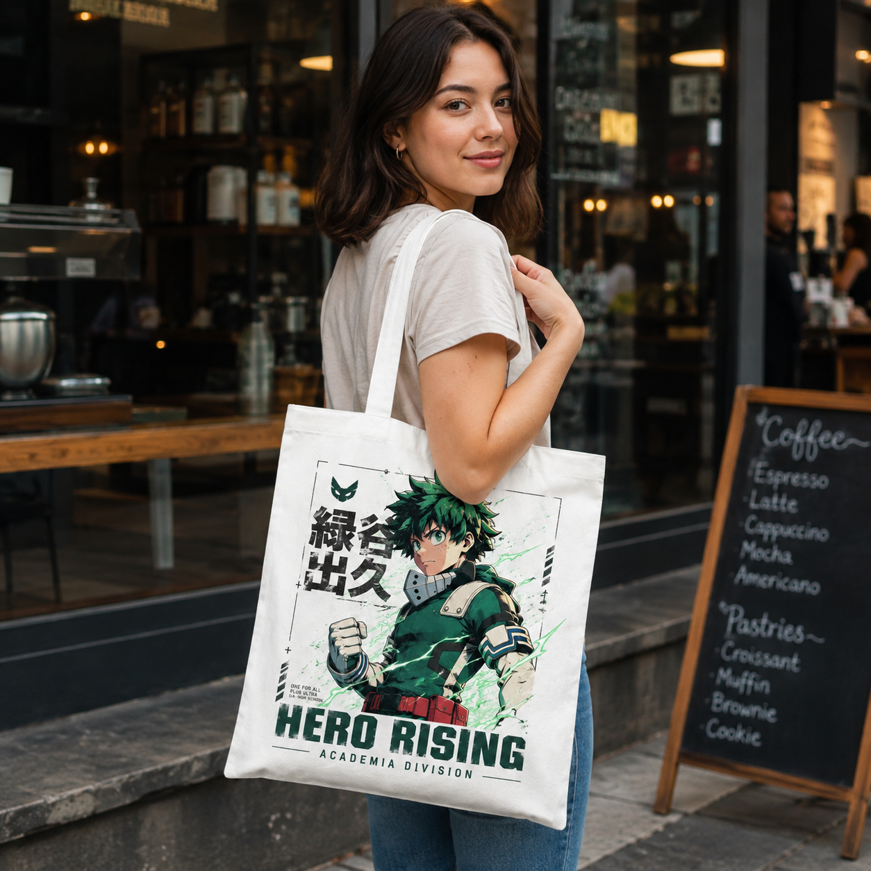 White tote bag with Deku My Hero Academia Hero Rising graphic – photo 4