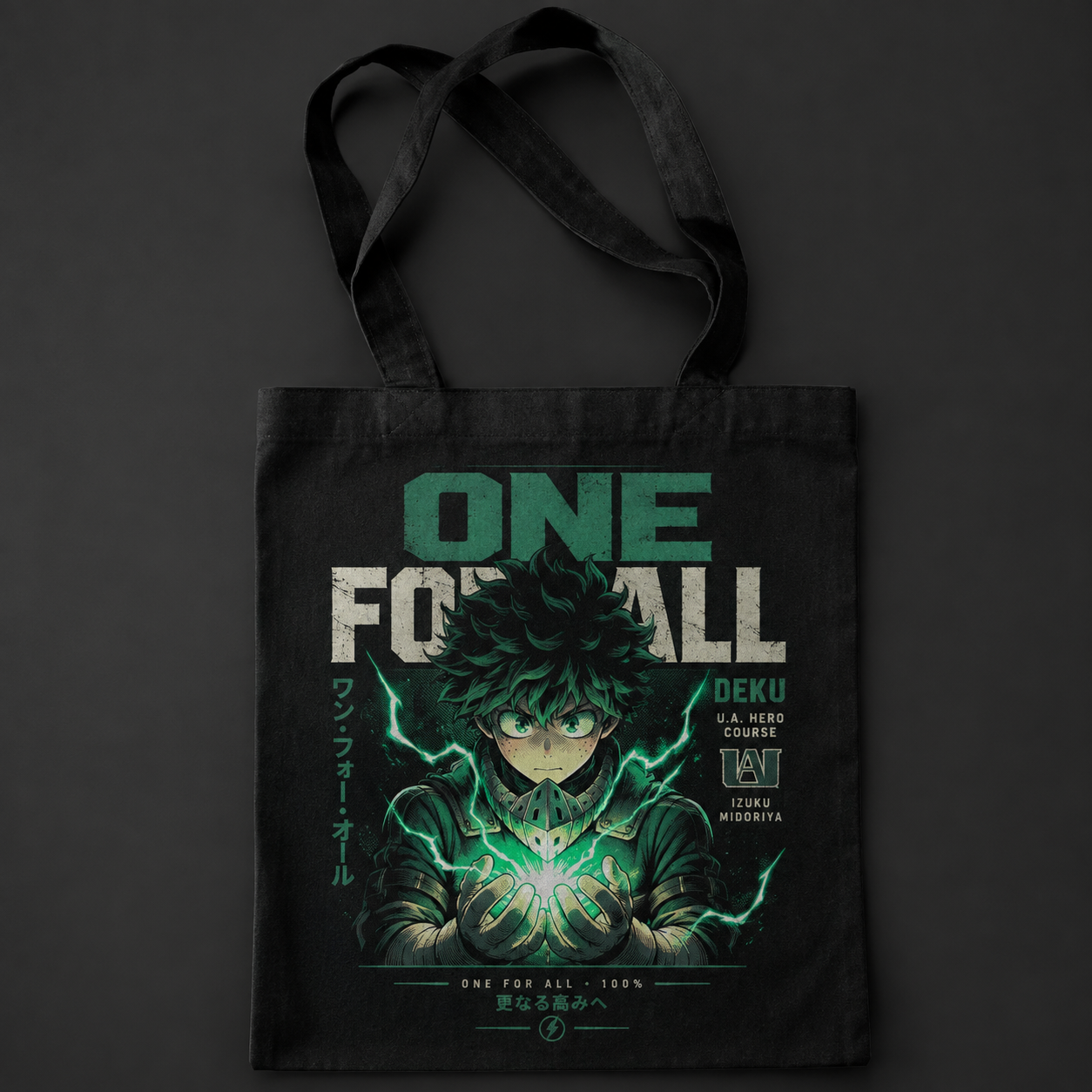 Black tote bag with Deku My Hero Academia One For All graphic – photo 1