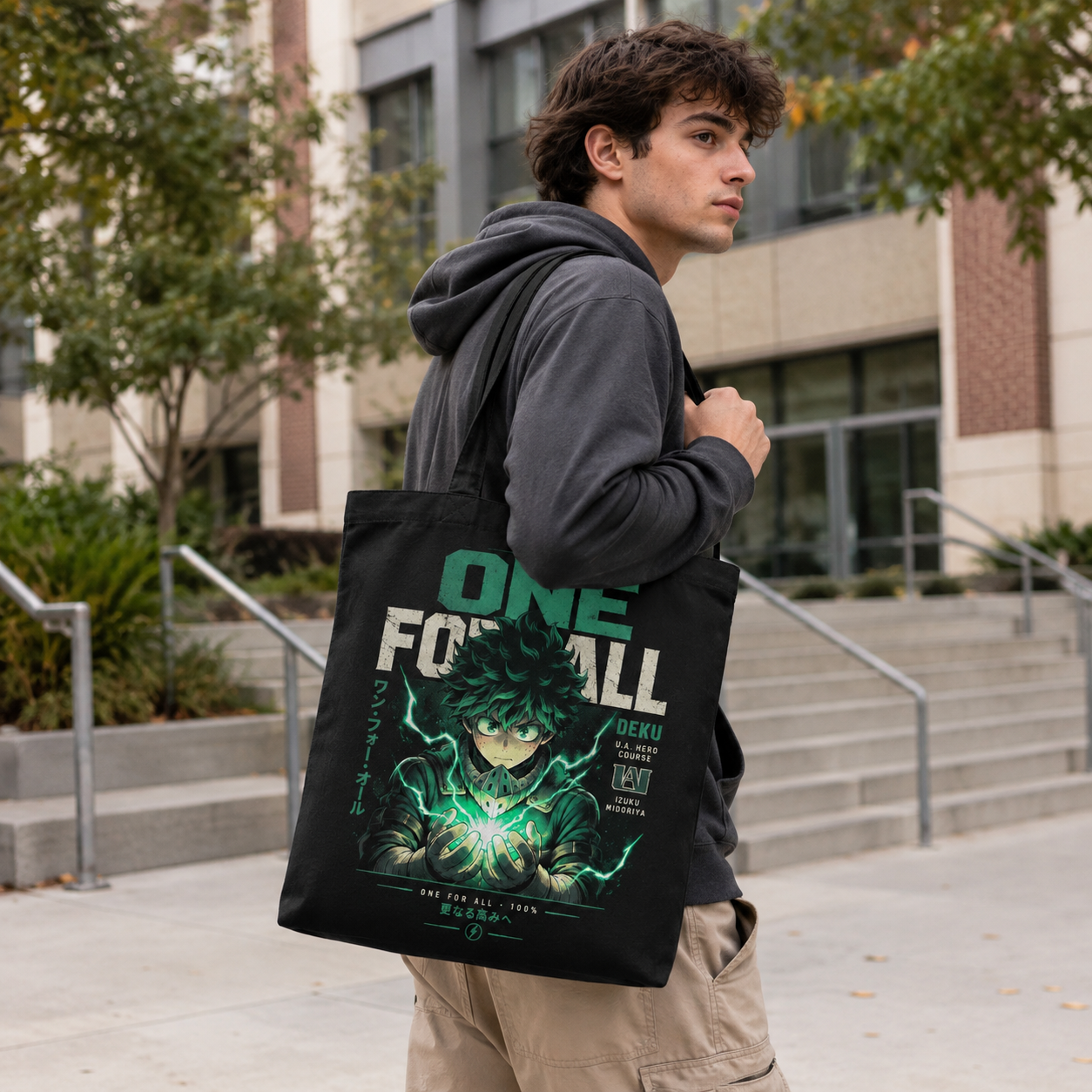 Black tote bag with Deku My Hero Academia One For All graphic – photo 3