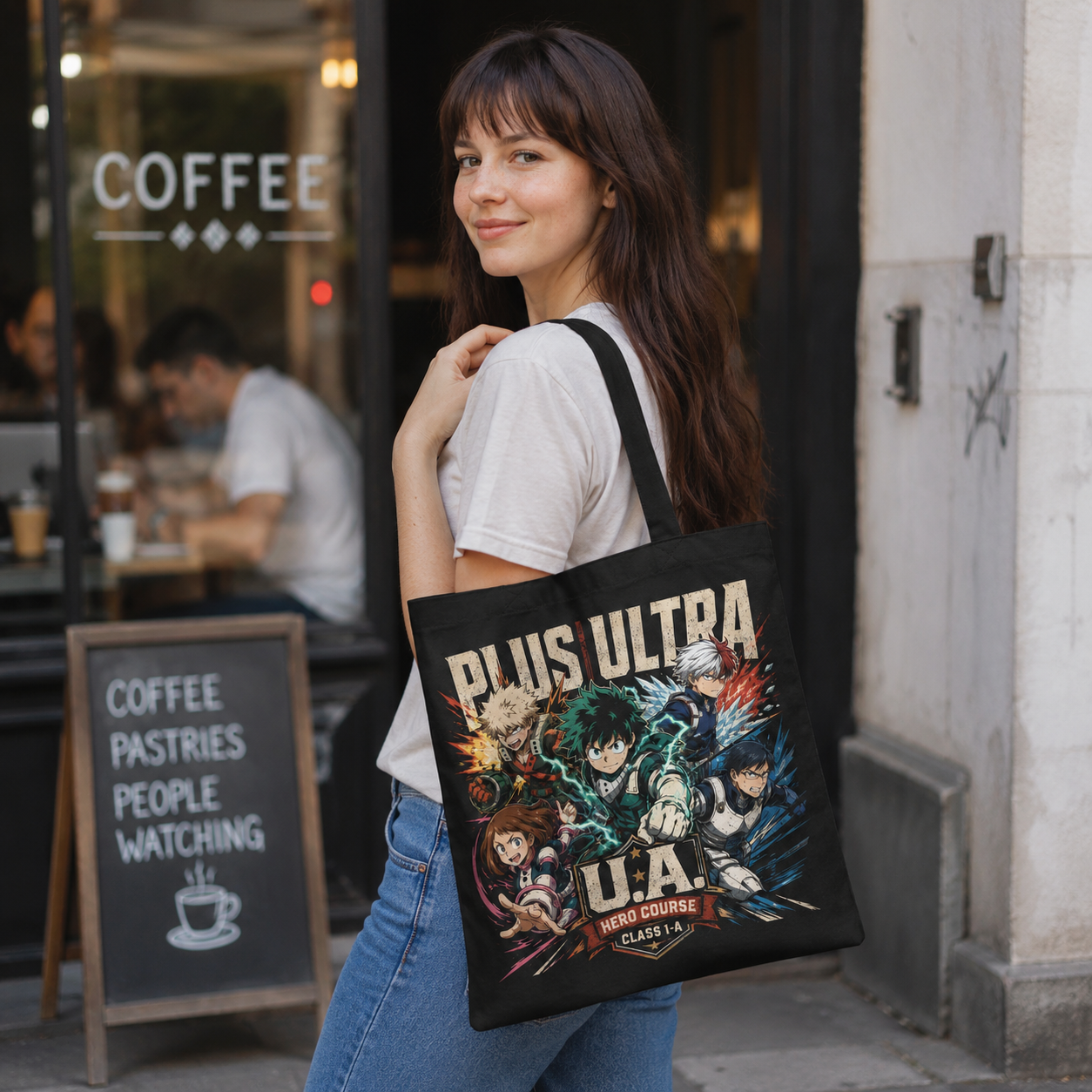 Black tote bag with Deku & Todoroki My Hero Academia Plus Ultra Squad graphic – photo 4