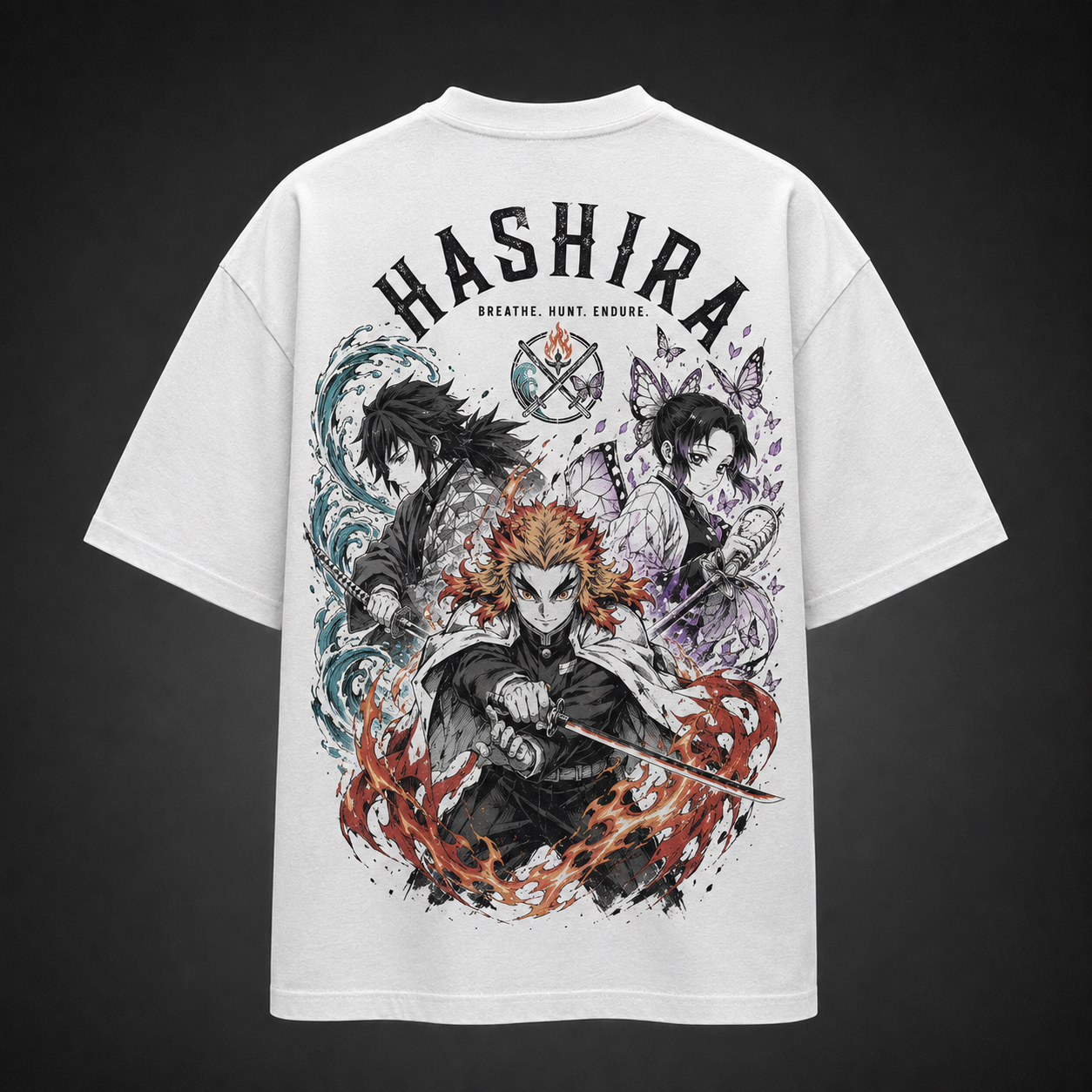 White t-shirt with Demon Slayer Breathe Hunt Endure graphic – photo 1