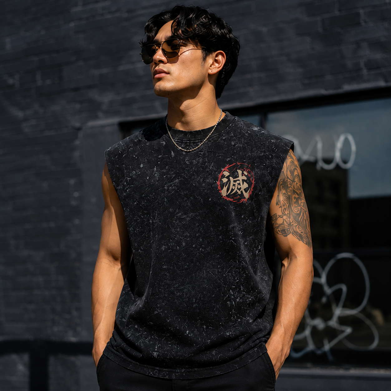 Washed black tank top with Demon Slayer Corps (Hashira) Hashira Emblem graphic – photo 4