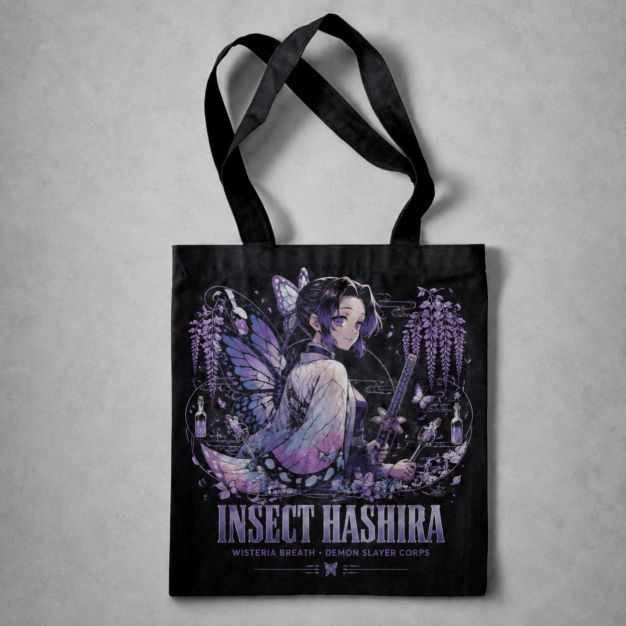 Black tote bag with Demon Slayer Corps (Nichirin swords motif) Cut Through Fear graphic – photo 1