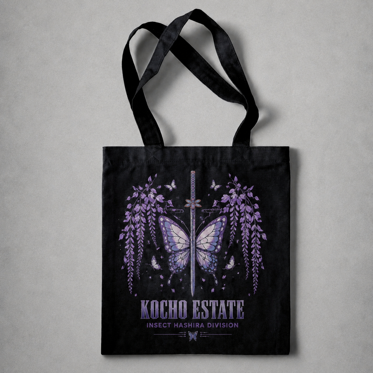 Black tote bag with Demon Slayer Corps (Nichirin swords motif) Cut Through Fear graphic – photo 2