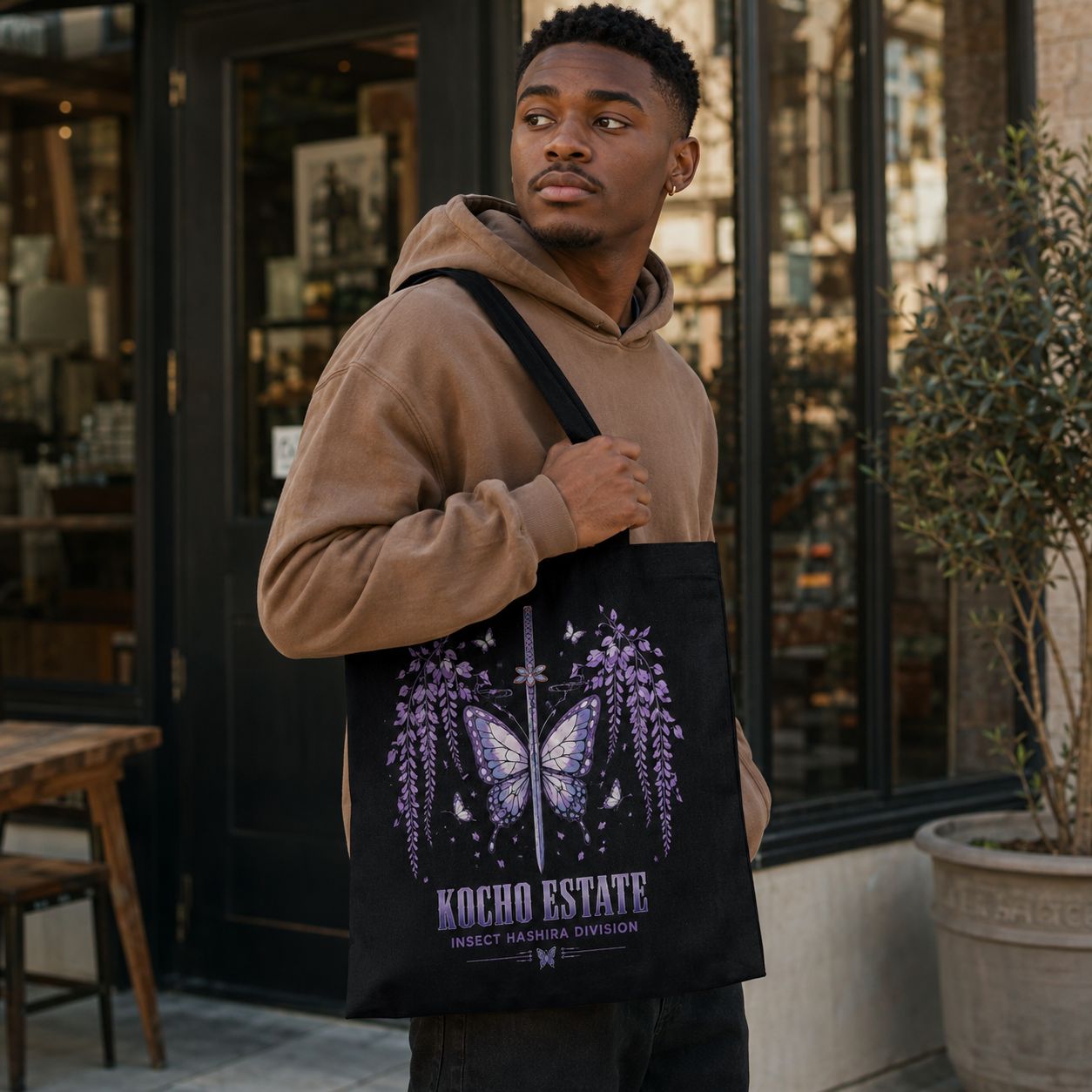 Black tote bag with Demon Slayer Corps (Nichirin swords motif) Cut Through Fear graphic – photo 4