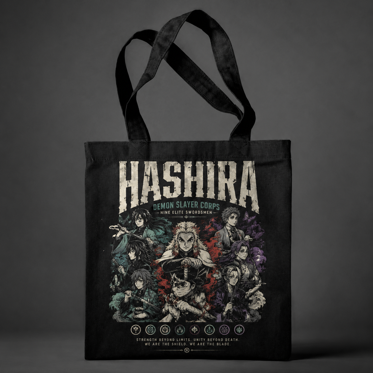 Black tote bag with Demon Slayer Hashira Corps Lineup graphic – photo 1