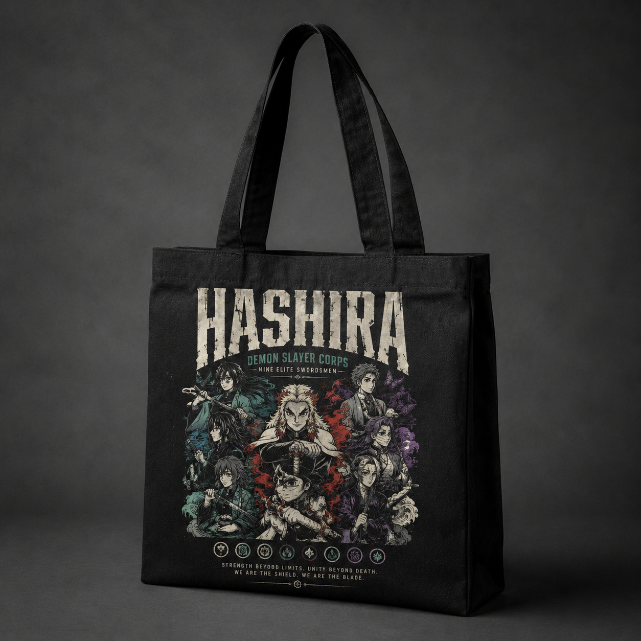 Black tote bag with Demon Slayer Hashira Corps Lineup graphic – photo 2