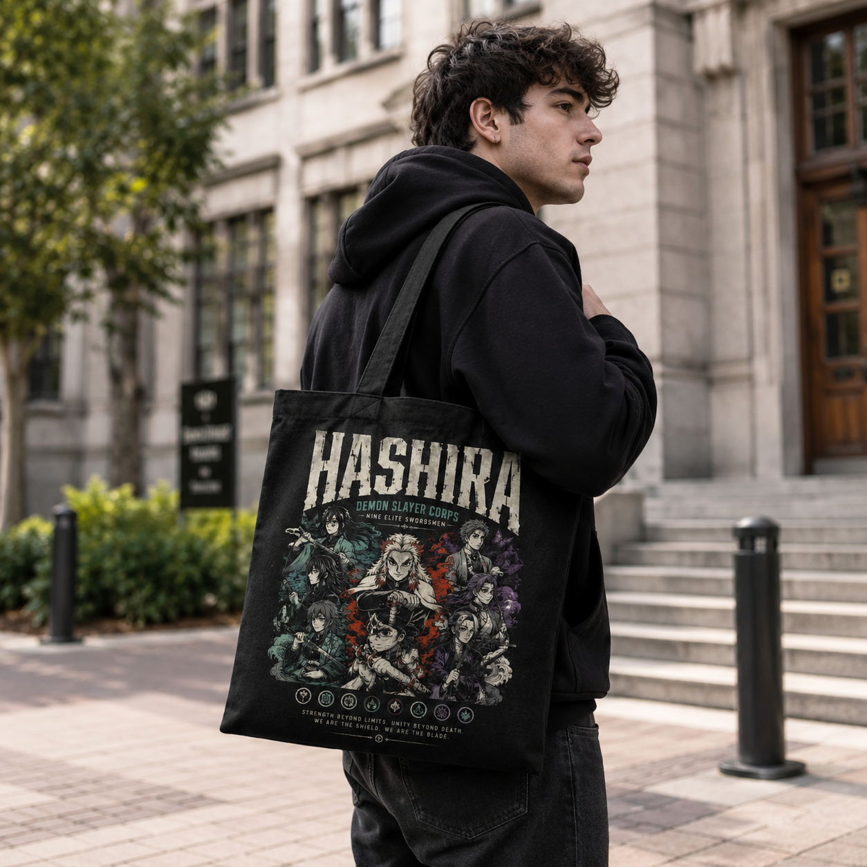 Black tote bag with Demon Slayer Hashira Corps Lineup graphic – photo 4