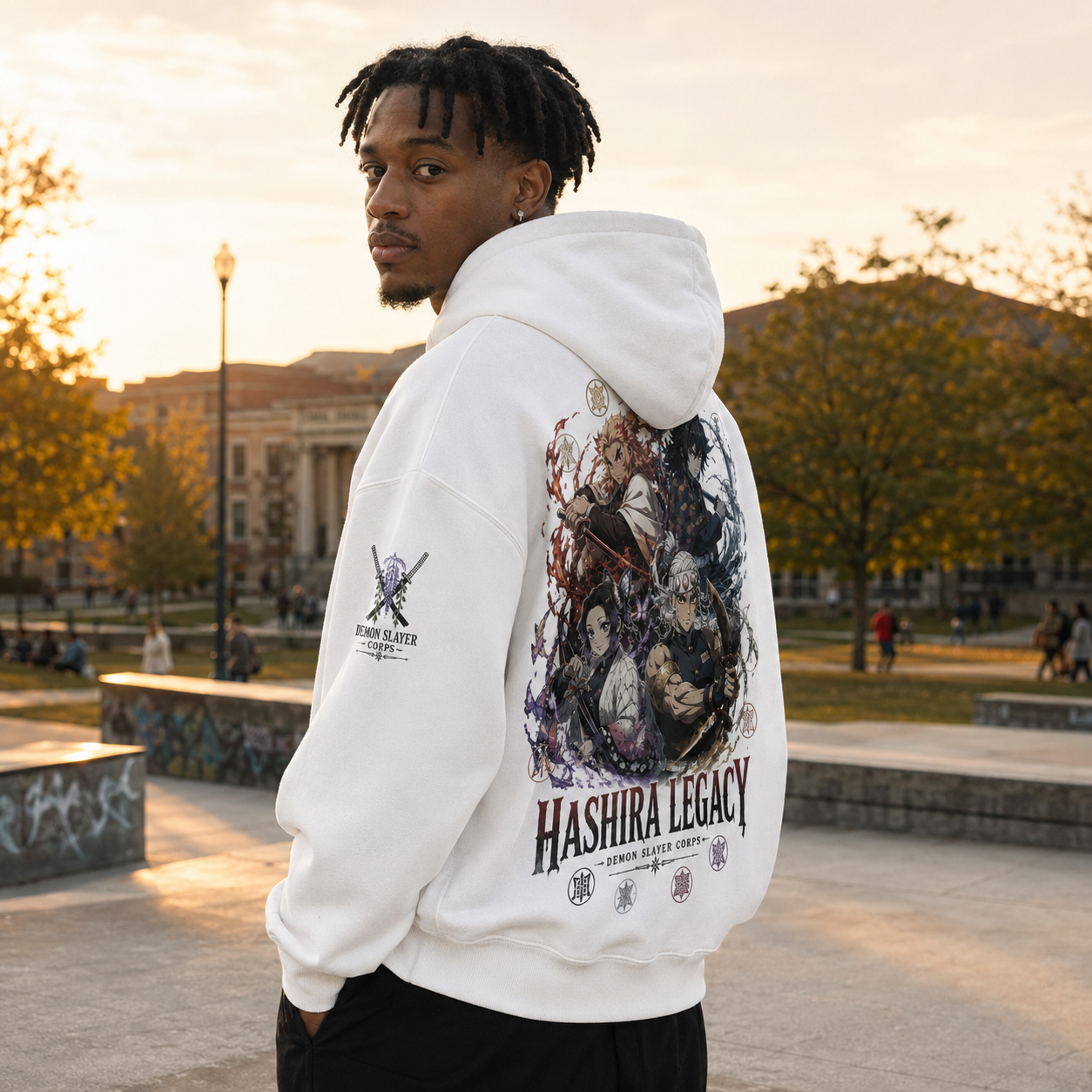 White hoodie with Demon Slayer Hashira Legacy graphic – photo 3