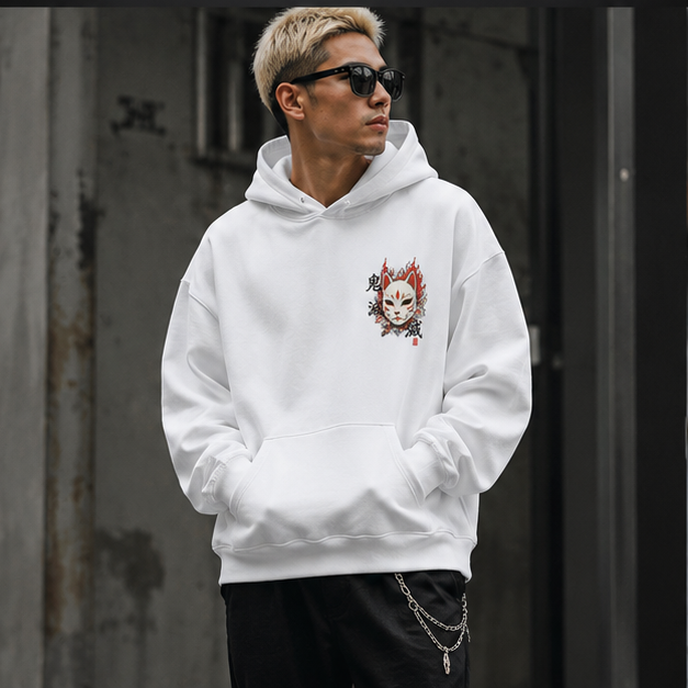 White hoodie with Demon Slayer Kitsune Mask Slayer graphic – photo 4