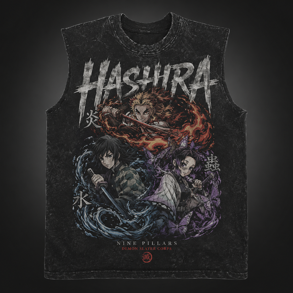 Washed black tank top with Demon Slayer Nine Pillars Assembly graphic – photo 2