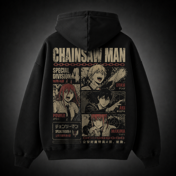 Black hoodie with Denji, Aki Hayakawa, Makima, Power Chainsaw Man Vintage Roster Grid graphic – photo 1