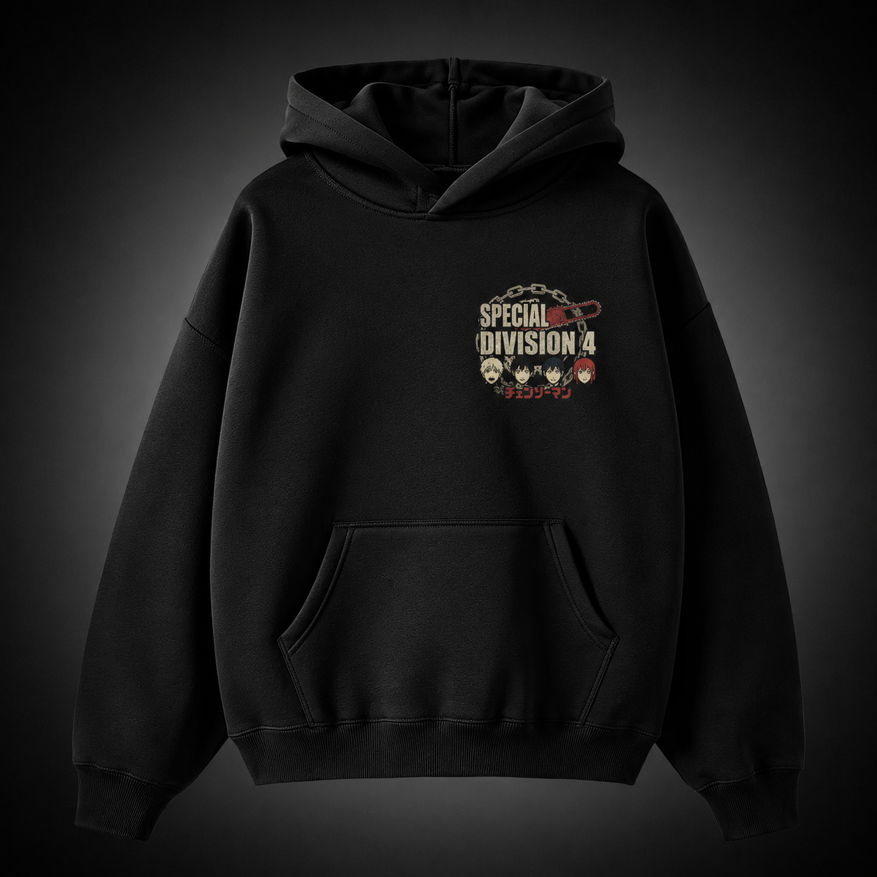 Black hoodie with Denji, Aki Hayakawa, Makima, Power Chainsaw Man Vintage Roster Grid graphic – photo 2