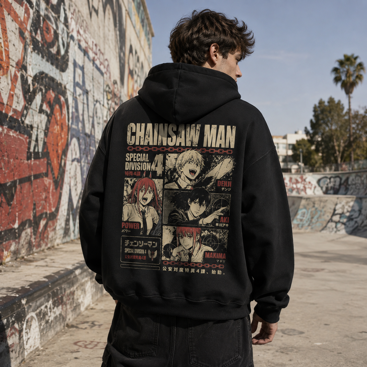 Black hoodie with Denji, Aki Hayakawa, Makima, Power Chainsaw Man Vintage Roster Grid graphic – photo 3