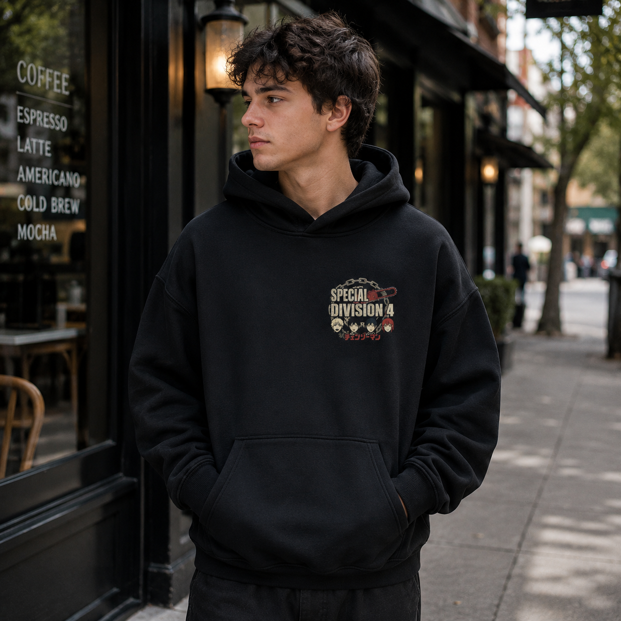 Black hoodie with Denji, Aki Hayakawa, Makima, Power Chainsaw Man Vintage Roster Grid graphic – photo 4