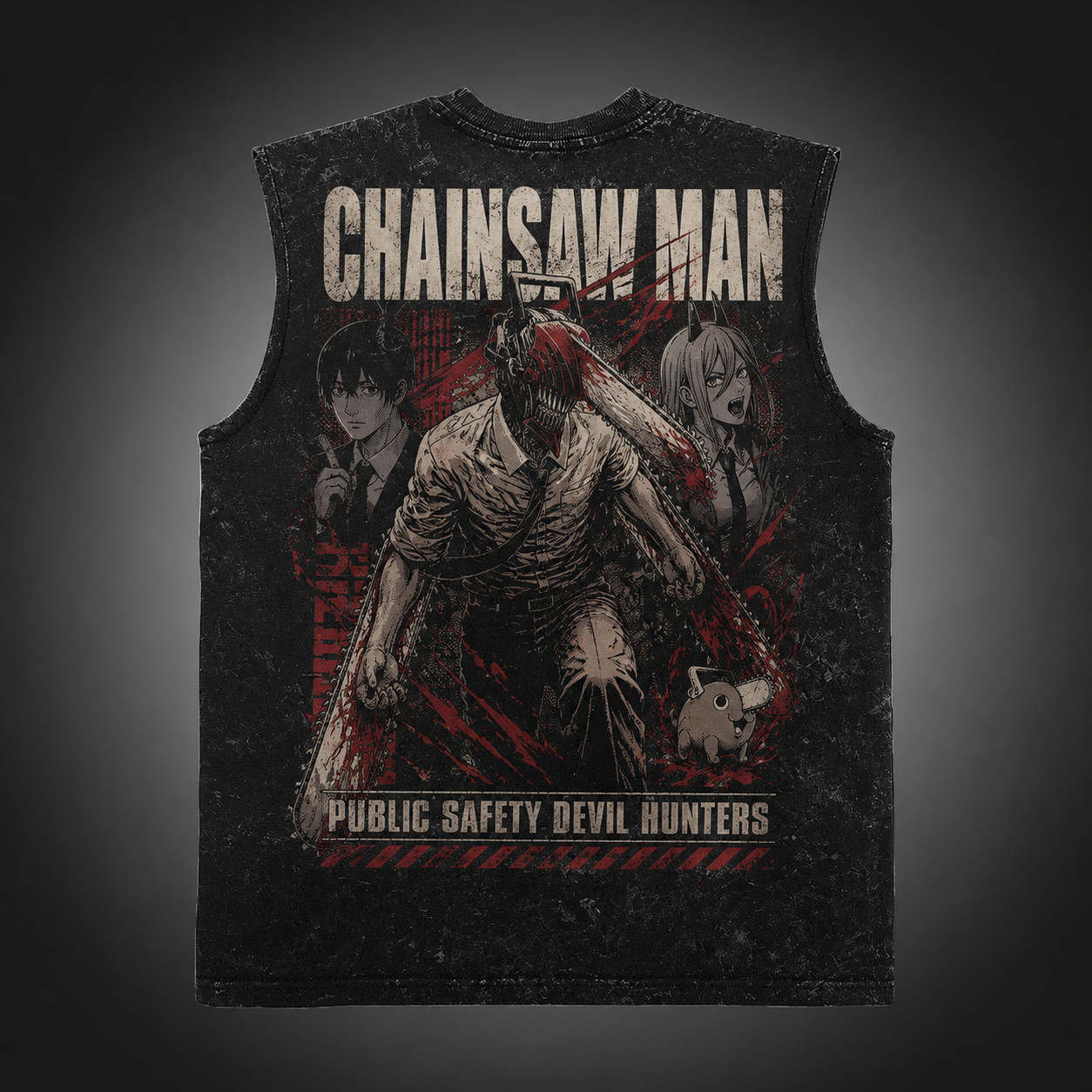 Washed black tank top with Denji, Aki Hayakawa, Power Chainsaw Man Devil Hunters Trio graphic – photo 1