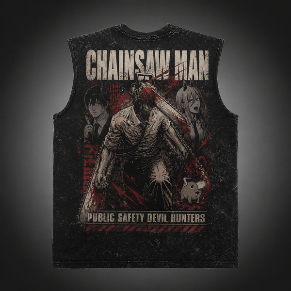 Washed black tank top with Denji, Aki Hayakawa, Power Chainsaw Man Devil Hunters Trio graphic – photo 1